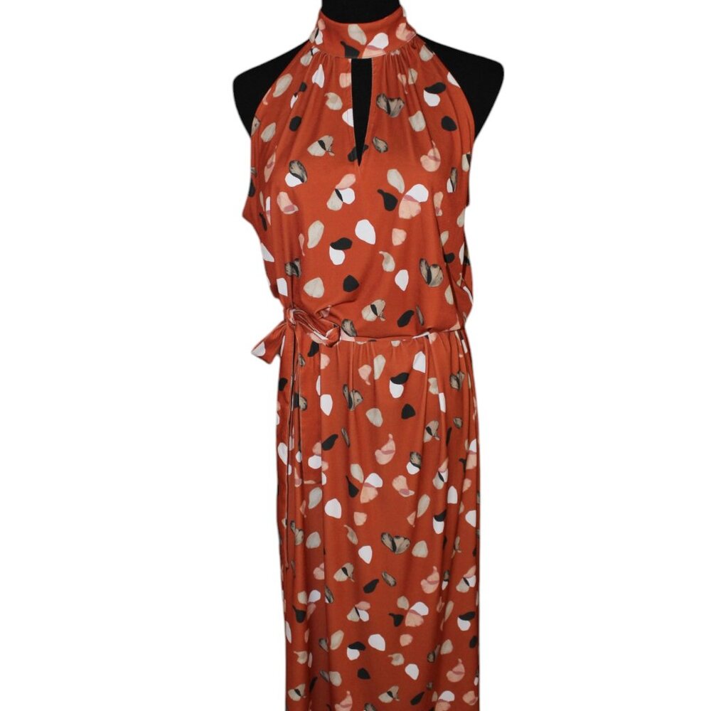 Belk Maxi Rust Petals Print Dress Belt Tie L NWT's CLASSY